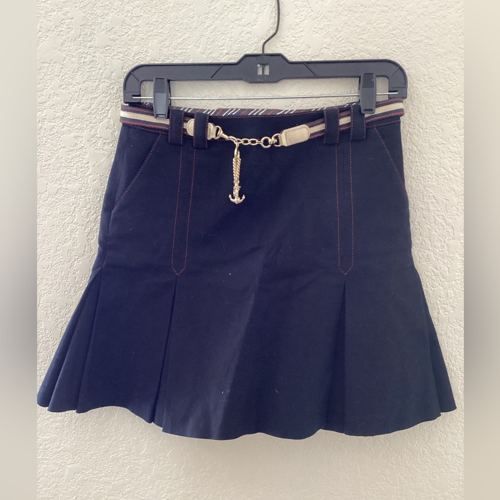 Burberry Navy Mini Skirt Pleats Belt Nautical